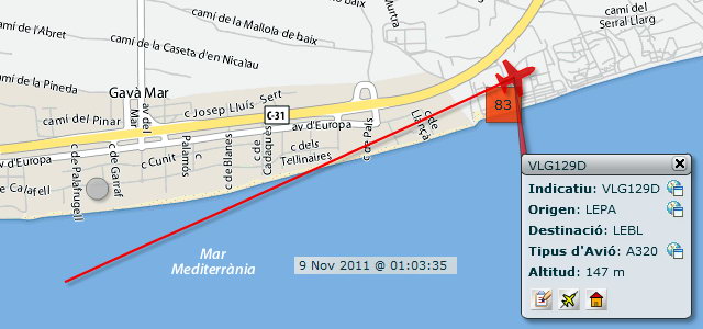 Avi� aproximant-se a l'aeroport de Barcelona-El Prat per aterrar a la tercera pista, en configuraci� est, sobrevolant Gav� Mar dins de l'horari nocturn i amb un elevad�ssim impacte ac�stic (9 Novembre 2011 - 01:03h)